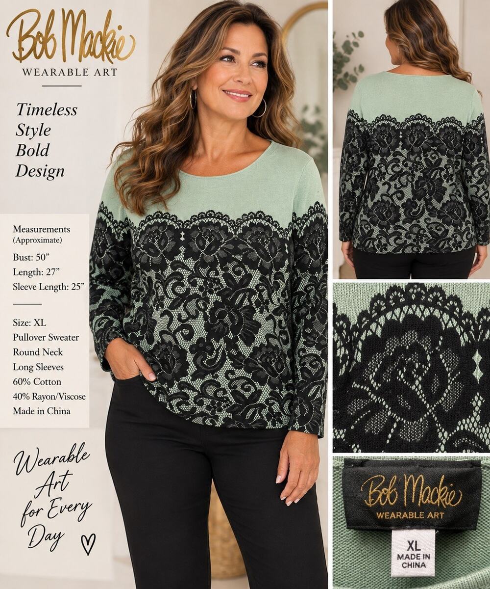 Bob Mackie Wearable Art XL Sweater Black Lace Floral Sage Green Pullover Retro